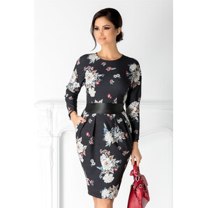 Rochie Didina bleumarin cu imprimeu floral si buzunare