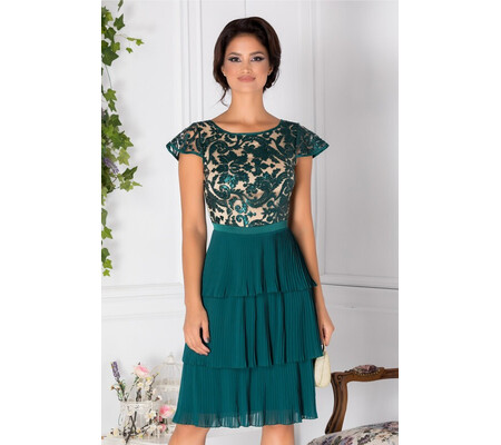 Rochie Mya verde si bej cu pliuri mici si broderie din paiete