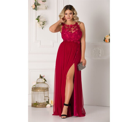 Rochie Leonard Collection bordo cu dantela la bust si fusta din matase