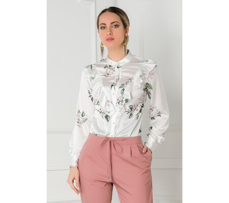 Bluza alba cu imprimeuri florale si volanase la bust