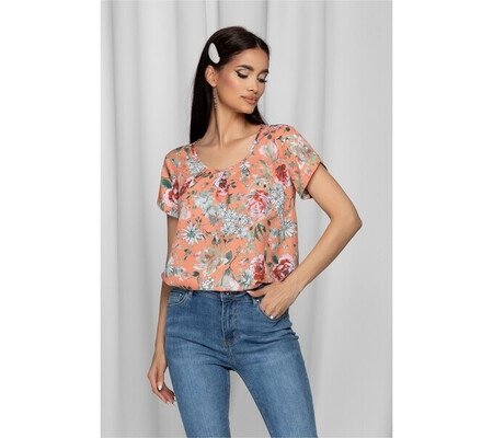 Bluza LaDonna orange cu imprimeu floral si design cu pliuri la bust