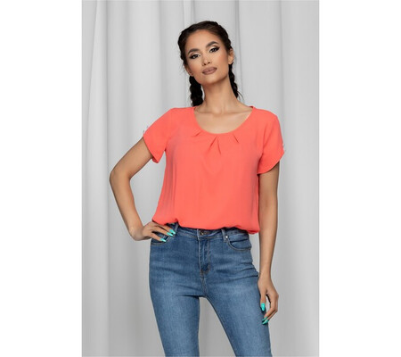 Bluza LaDonna orange cu pliuri la bust si nasturi decorativi pe maneci