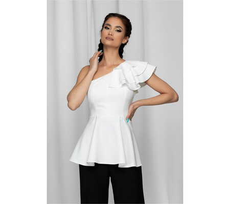 Bluza Moze alba cu peplum si volan pe umar