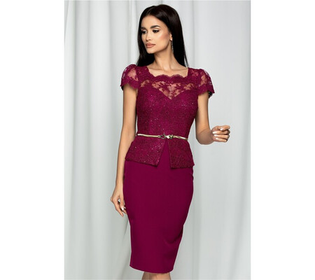 Rochie MBG magenta cu dantela la bust si peplum accesorizat cu o curea