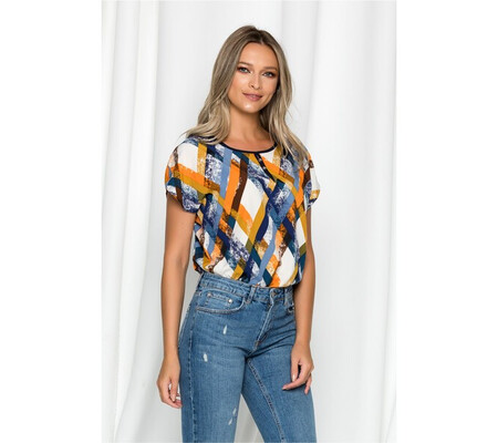 Bluza Gabrielle bej cu maneci scurte si imprimeu geometric bleumarin si orange