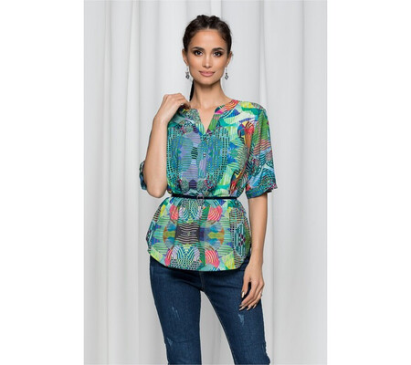 Bluza Vanessa verde cu imprimeu multicolor si curea in talie