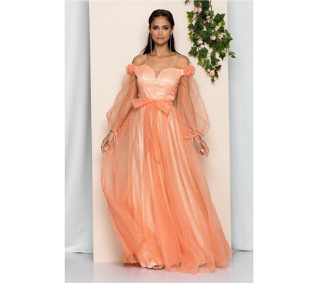 Rochia Lucinda peach din tulle cu decolteu en-coeur si cordon in talie