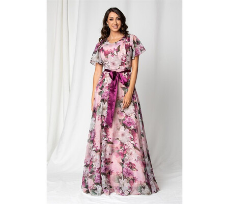 Rochie Alesia roz cu imprimeu floral si bust intarit