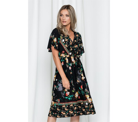 Rochie Anca neagra cu imprimeu floral si talie elastica