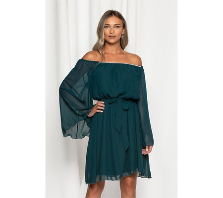 Rochie Ella Collection Astrid verde inchis din voal cu maneci lejere