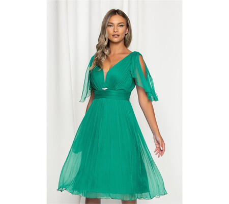 Rochie Ginette verde din matase cu accesoriu tip bijuterie in talie