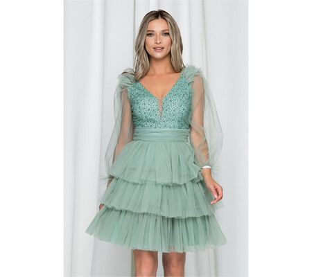 Rochie Katarina verde mint din tulle cu decolteu adanc si bust buretat