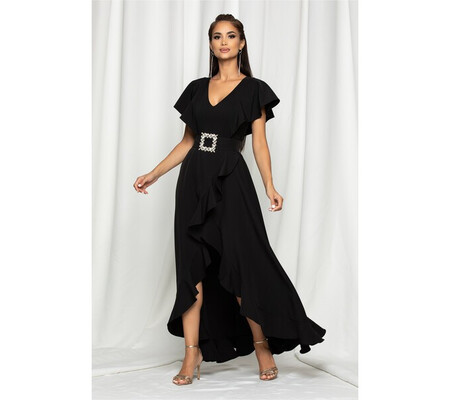 Rochie LaDonna neagra cu maneci tip fluture si curea in talie