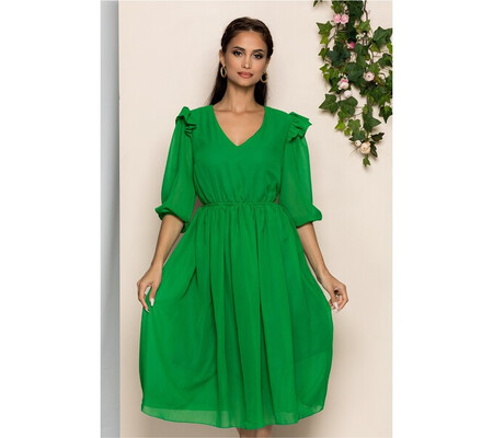 Rochie Mabel verde cu elastic in talie si volanas la umeri