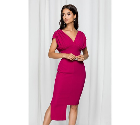 Rochie Moze magenta asimetrica cu umeri incretiti