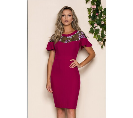 Rochie Moze magenta cu flori 3D si dantela la bust