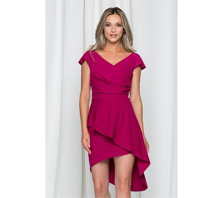 Rochie Moze magenta cu maneci scurte si croi asimetric