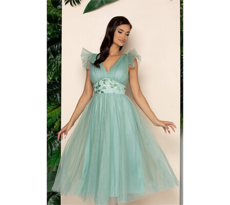 Rochie Moze verde mint din tulle accesorizata cu broderie in talie