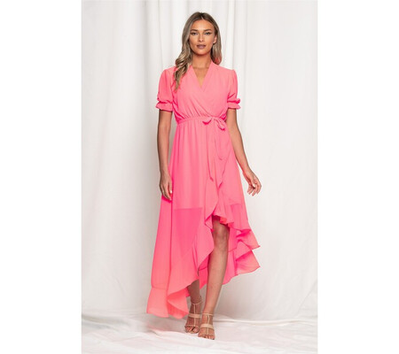 Rochie Sabry roz neon cu baza asimetrica si elastic la maneci