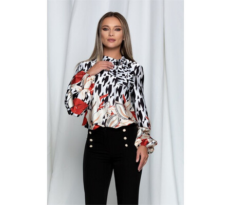 Bluza Anka alba cu imprimeu negru si frunze caramizii