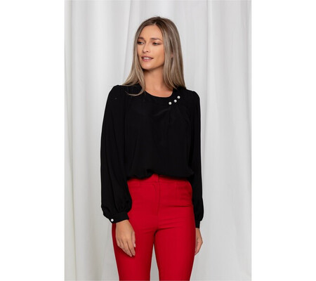 Bluza LaDonna neagra cu perlute si pliuri la decolteu