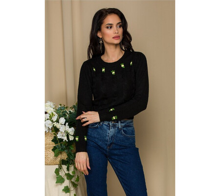 Bluza scurta neagra din tricot cu floricele delicate