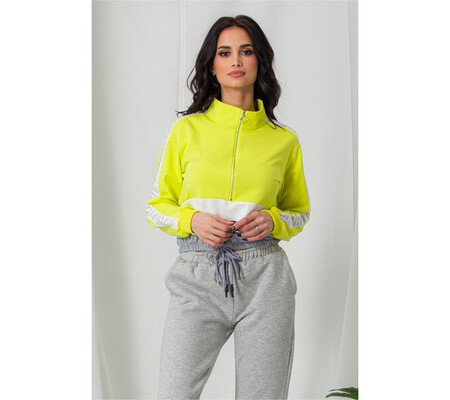 Bluza sport verde neon cu elastic in talie si strasuri pe maneci