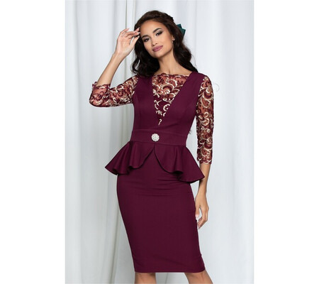 Rochie MBG burgundy cu dantela si peplum in talie