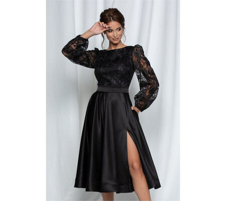 Rochie MBG neagra cu bust din dantela si fusta satinata