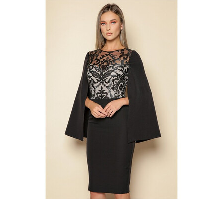 Rochie MBG neagra cu maneci stil capa si dantela la bust