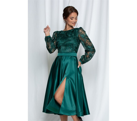 Rochie MBG verde cu bust din dantela si fusta satinata