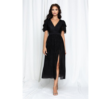 Rochie Moze neagra din lurex cu maneci tip volanase