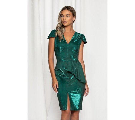 Rochie Moze verde din lurex cu volan in talie