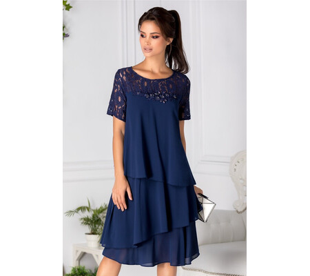 Rochie Carolina bleumarin cu volanase si broderie cu perle la bust