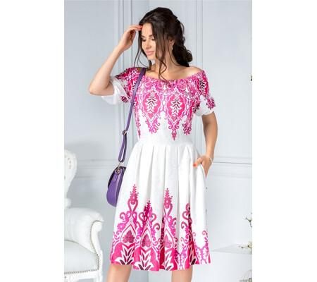 Rochie Indira alba de zi cu imprimeu fucsia