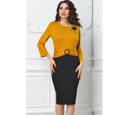 Rochie Iovana midi office negru cu mustar