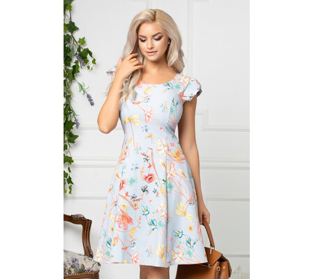 Rochie Ivonna bleu de vara cu detalii florale colorate