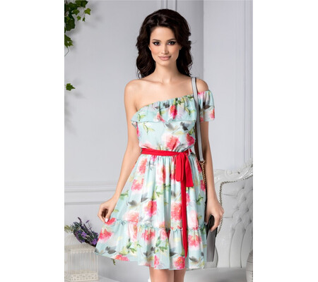 Rochie Kaitlyn bleu de zi cu print floral roz