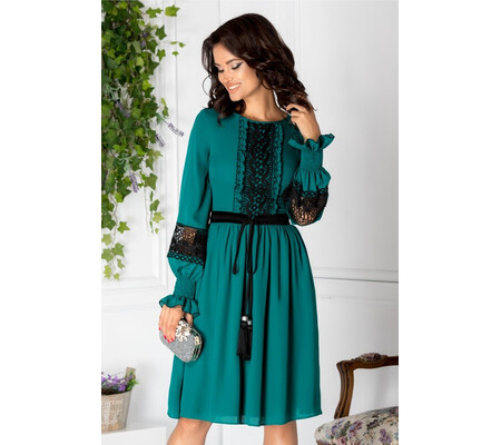 Rochie LaDonna verde cu detalii vintage negre