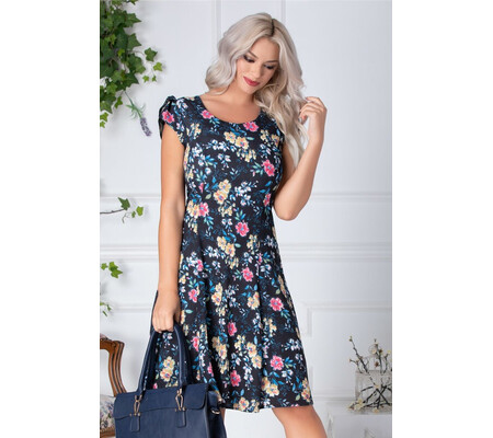 Rochie Louise neagra cu imprimeu floral roz-bej