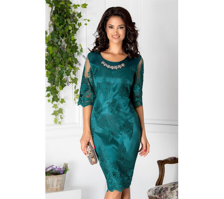 Rochie Ramy verde cu broderie si accesoriu la guler