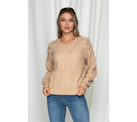 Bluza Mira bej din tricot cu dantela pe maneci