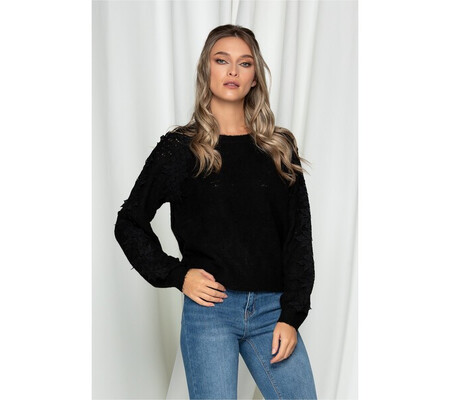 Bluza Mira neagra din tricot cu dantela pe maneci