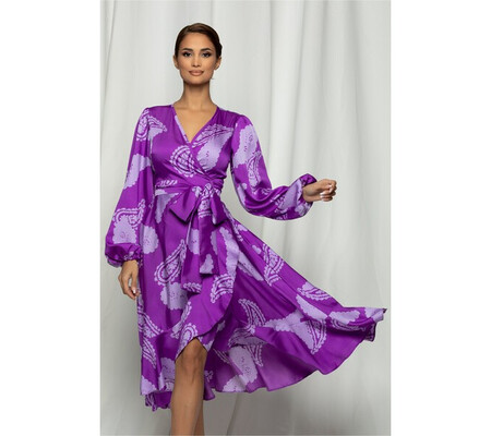 Rochie LaDonna violet cu imprimeu floral petrecuta cu volanase