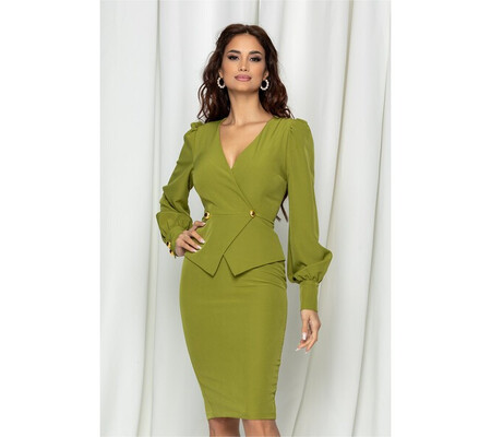 Rochie MBG verde lime cu peplum si nasturi in talie