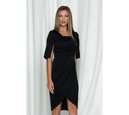 Rochie Moze neagra satinata cu aplicatie la bust