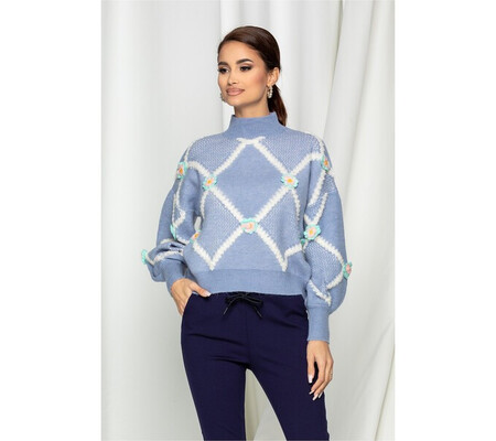 Bluza Anisia bleu cu floricele turcoaz