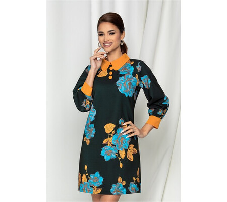 Rochie La Donna neagra cu imprimeu floral bleu