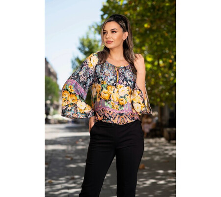 Bluza Effect din satin cu print trandafiri galbeni