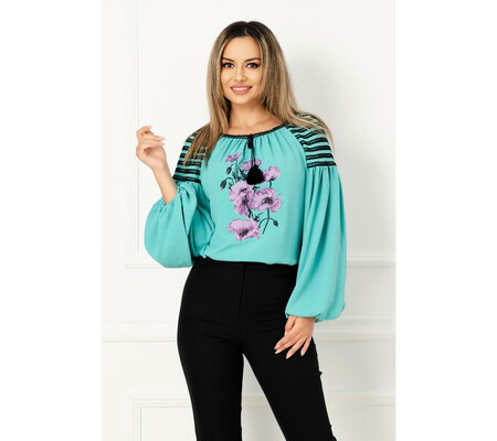 Bluza Effect turquoise din vascoza cu broderie florala turquoise si maneci bufante